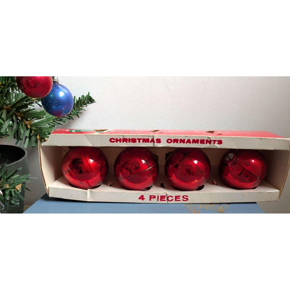 Vintage Red Plastic Christmas Ornaments Set of 4 in Original Box Retro Decor